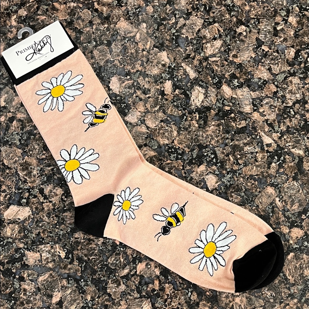 Peach Socks with Daisy and Bee Design